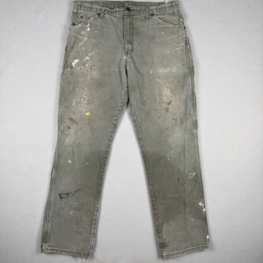 Dickies Mens Carpenter Pants Green‎ Duck Canvas Distressed Paint Splatter 38x31